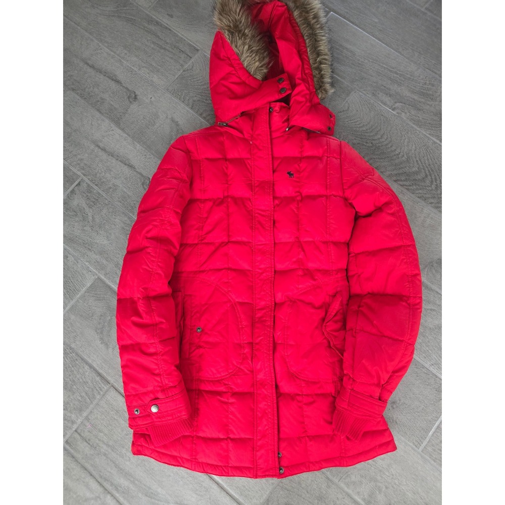 Abercrombie & Fitch Red Down Puffer Parka Jacket Faux Fur Hood Womens Medium